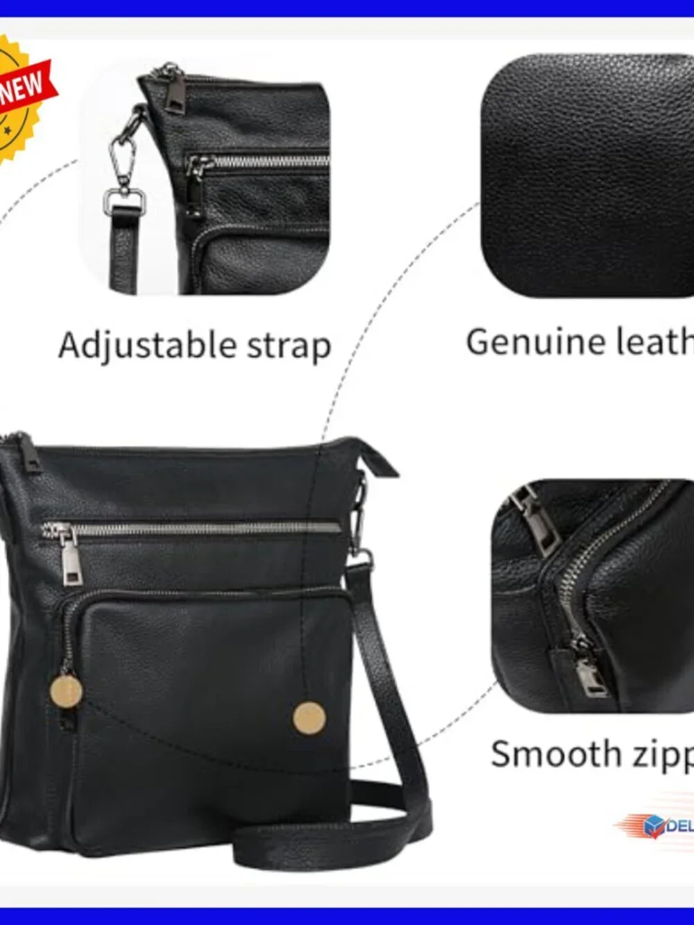Genuine Leather Crossbody Bag with Multiple Pockets Adjustable Strap
